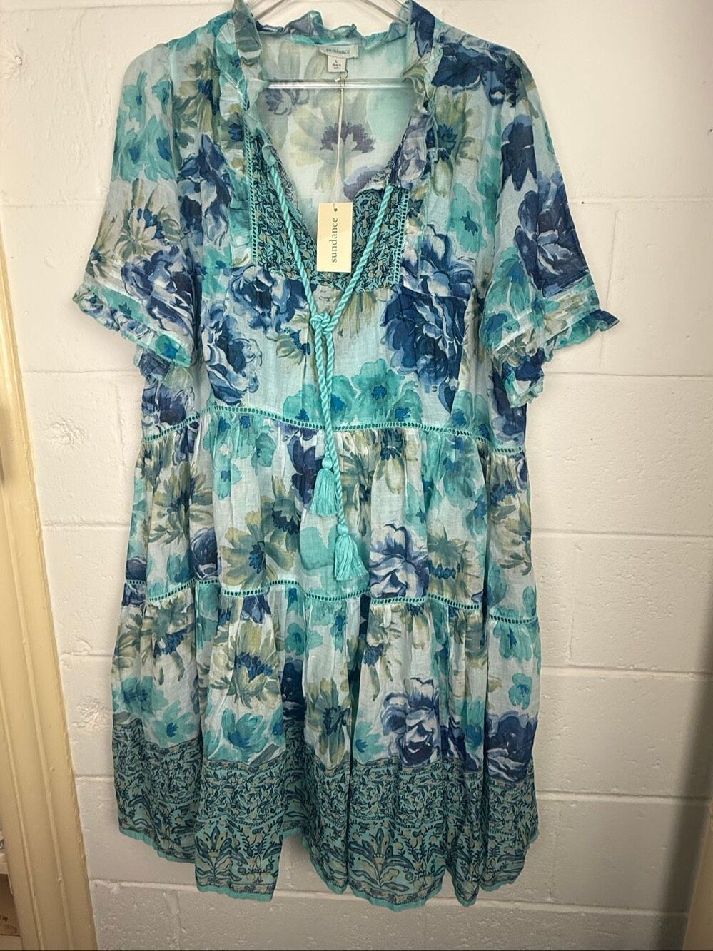 Sundance Floral Tiered Boho Mini Dress NWT Large Blue Aqua Cotton Cottagecore Be